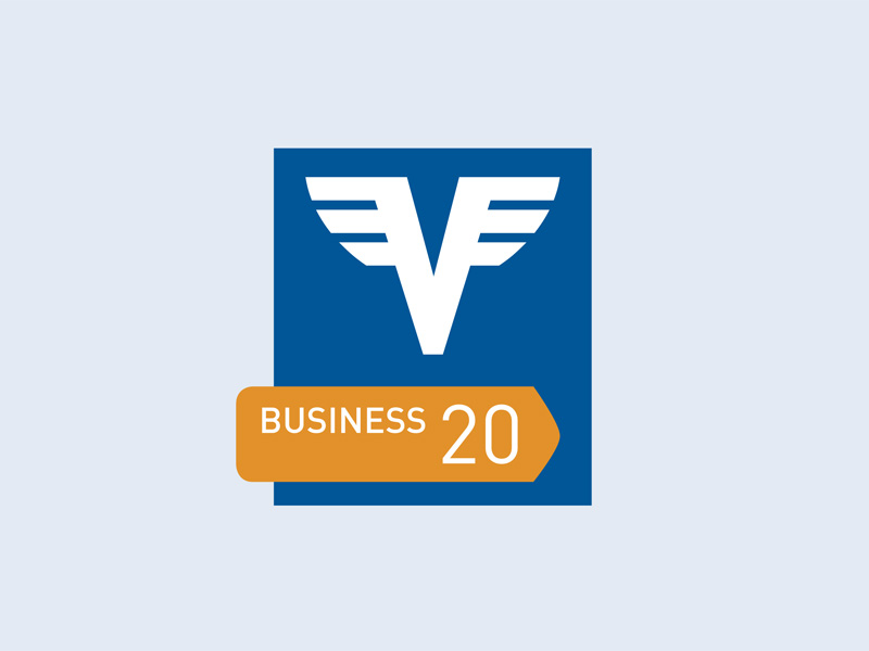 Business Konto 20 Logo mit Volksbank-V in Blau und Orange
