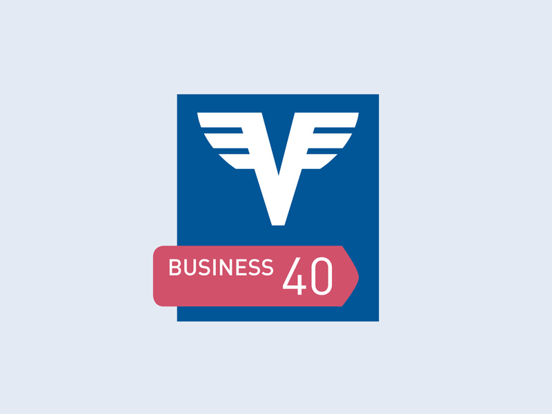Business 40 Konto Logo mit Volksbank-V in Blau und Rot auf hellem Hintergrund.