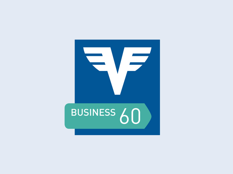 Business 60 Konto Logo in Blau und Türkis mit Volksbank-V auf hellem Hintergrund.